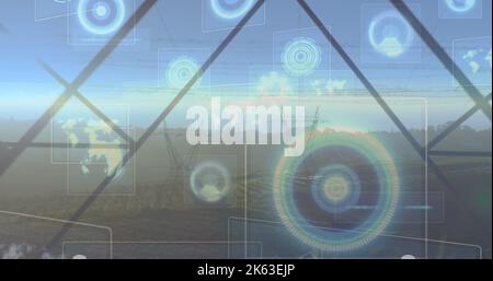 Composition of data processing with scope scanning over electricity pylons Stock Photo