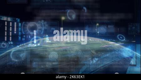 Composition of data processing with scope scanning and globe over cityscape Stock Photo