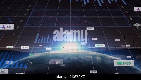 Composition of financial data processing and globe over landscape Stock Photo