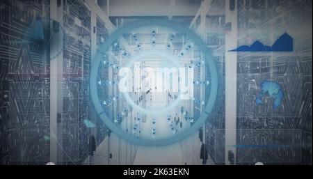 Composition of scope scanning and data processing over server room Stock Photo