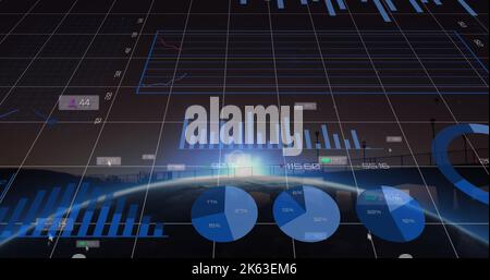 Composition of financial data processing and globe over landscape Stock Photo
