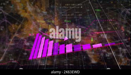 Image of graph and data processing over cityscape Stock Photo
