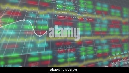 Image of data processing and moving columns on black background Stock Photo