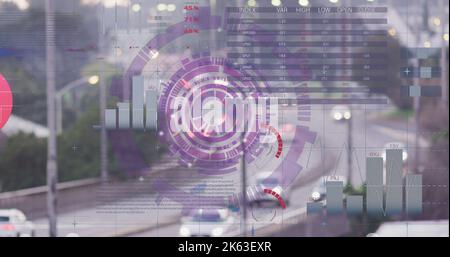 Image of scope scanning and data processing over cityscape Stock Photo