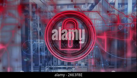 Image of data processing and padlock over server room Stock Photo