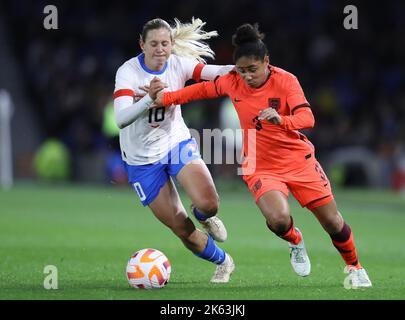 Brighton and Hove, UK. 11th Oct, 2022. Demi Stokes of England and Katerina Svitkova of Czech Republic during the International Friendly match at the AMEX Stadium, Brighton and Hove. Picture credit should read: Paul Terry/Sportimage Credit: Sportimage/Alamy Live News Stock Photo