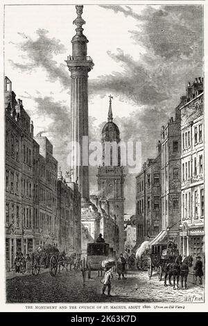 View of the Monument and the Church of St Magnus the Martyr in Lower Thames Street. The church was destroyed by the Great Fire of London in 1666, but rebuilt under the guidance of Sir Christopher Wren and reopened in 1676. Stock Photo