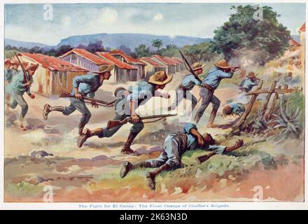 BATTLE OF EL CANEY Americans under General Shafter overwhelm the Spanish positions at El Caney and San Juan Hill : the final charge of Chaffee's Brigade Stock Photo