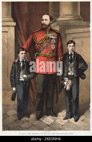 Prince of Wales (later Edward VII) (1841 - 1910), with his two eldest sons who were young sailors, Prince George, (left) and Prince Albert Victor (right). Prince George went on to become King George V of Great Britain and Northern Ireland (1865 - 1936). Prince Albert Victor (1864 - 1892), later known as the Duke of Clarence, the eldest son. Stock Photo
