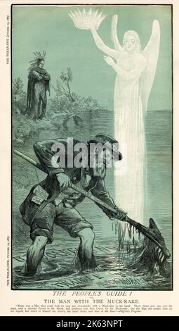 Cartoon, a 'penny press' editor rakes for sensational claptrap in the muddy stream of twaddle and mock morality, oblivious of the angel who bids him search for Truth. Stock Photo