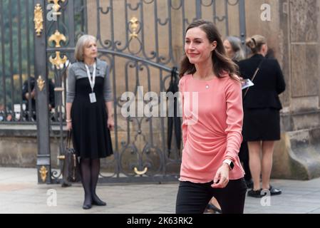 Finnish prime minister Sanna Marin seen before the European Political Community summit in Prague. This is the first ever meeting of a wider format of member states of European Union and other European countries across the continent. Stock Photo