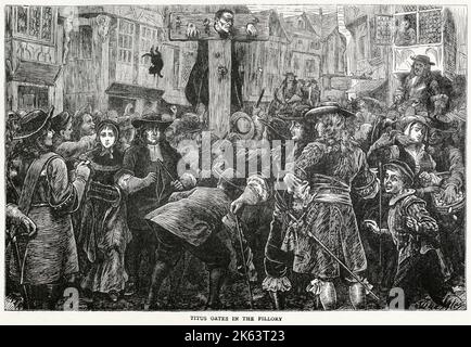 Titus Oates (1649 - 1705), convicted of fabricated the 'Popish Plot', a supposed Catholic conspiracy to kill King Charles II. Put into the pillory at the gate of Westminster Hall (now New Palace Yard), where passers-by pelted him with eggs. Stock Photo