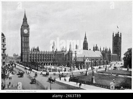 Exterior of Houses of Parliament and Westminster Hall and Parliament Square Gardens. Stock Photo