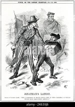 'Shade of Columbus (aside): &quot;Had I forseen it would have come to this -Caramba! - I would never have discovered America!&quot;    A tall man with a scraggly bear and hat, wearing striped trousers and a shirt covered in stars (meant to represent America), holds a gun and reaches towards a box labelled 'Flor de Cuba'. A shorter man with a full beard, wearing a Spanish matador outfit (representing Spain), clutches the box as he leans away from the other mans hand. Columbus as a ghost stands in the background looking on. This is a satirical cartoon for Punch Magazine about American interventi Stock Photo