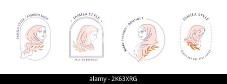 Women in hijab collection, vector logo and branding design templates in minimal style, for beauty center, fashion studio, haircut salon and cosmetics Stock Vector