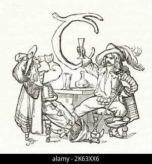 Illustration, The Newcomes, by Thackeray, showing an ornate initial T depicting two Cavalier men drinking wine. Stock Photo