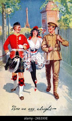WW1 - 'Now we ARE alright' - Victory - Scottish and English soldiers arm-in-arm with a French lovely jauntily skipping along a Paris Boulevard.     Date: 1918 Stock Photo