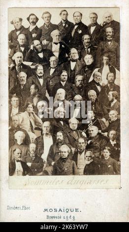 Collage Mosaic photograph by Disderi reproduced on a carte de visite showing well-known 'English luminaries' of the period (the 1860s). André-Adolphe-Eugène Disdéri (1819–1889) was a French photographer who started his photographic career as a daguerreotypist but gained greater fame for patenting his version of the carte de visite, a small photographic image which was mounted on a card. Stock Photo
