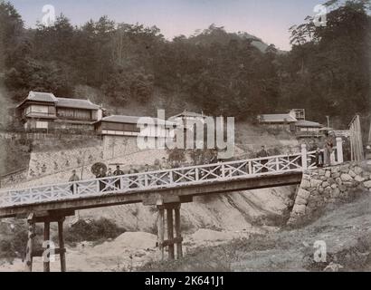 Bridge on the road to the Nunobiki Waterfall, Kobe, Japan. Vintage 19th century photograph. Stock Photo