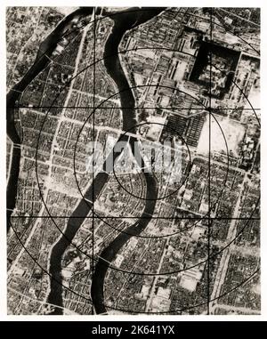 Aerial view of the city of Hiroshima, Japan, with the aiming point of the atomic bomb 1945, World War II Stock Photo