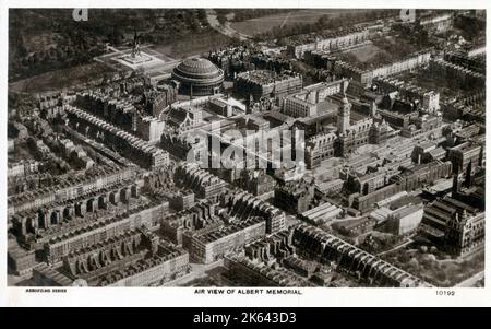 Aerial View of South Kensington, including part of the Natural History museum (lower right), Imperial College (centre), The Royal Albert Hall (upper left) and the Albert Memorial in Kensington Gardens (top left). Stock Photo