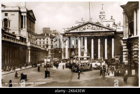 The Royal Exchange, Cornhill, City of London. Founded in the 16th century by the merchant Sir Thomas Gresham on the suggestion of his factor Richard Clough to act as a centre of commerce for the City of London. Stock Photo