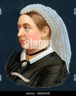 A beautiful and highly-detailed chromolithograph scrap portrait of Victoria (1819-1901), Queen of the United Kingdom of Great Britain and Ireland from 1837 until her death. She is wearing black mourning clothes and wears an enamel cameo in memory of her beloved late husband and consort Prince Albert. Stock Photo