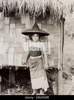 Vintage 19th century photograph - Shan woman in hat, Burma, India, Myanmar Stock Photo
