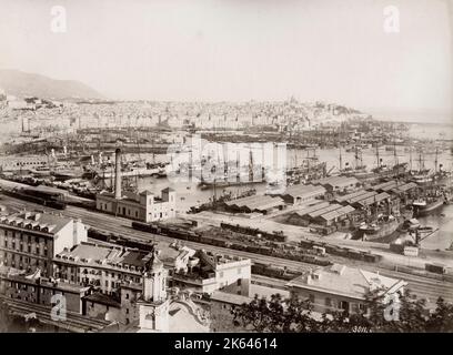 Vintage 19th century photograph - ships in the port, harbour, at Genoa, Genova, Italy. Stock Photo