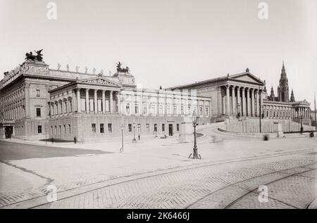 19th century vintage photograph: The Austrian Parliament Building (German: ParlamentsgebÃƒÂ¤ude, colloquially das Parlament) in Vienna is where the two houses of the Austrian Parliament conduct their sessions. The building is located on the RingstraÃƒÂŸe boulevard in the first district Innere Stadt, near Hofburg Palace and the Palace of Justice. Stock Photo