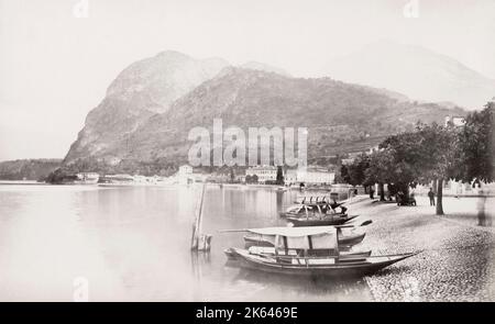 19th century vintage photograph: boats on Lake Como at Menaggio, Italy. Stock Photo
