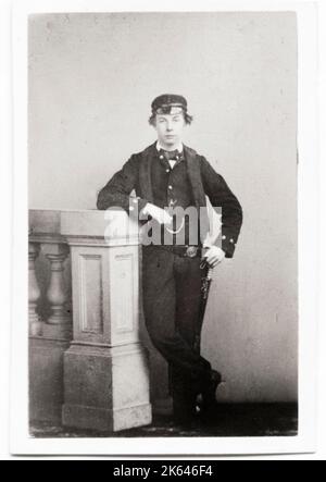 Vintage 19th century photograph: captioned on the back as Marquess of Queensbury. John Sholto Douglas, 9th Marquess of Queensberry (20 July 1844 - 31 January 1900), was a Scottish nobleman, remembered for his atheism, his outspoken views, his brutish manner, for lending his name to the Queensberry Rules that form the basis of modern boxing, and for his role in the downfall of the Irish author and playwright Oscar Wilde. Carte de visite portrait c.1860, making the sitter around 16, which would appear correct. Stock Photo