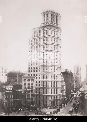 c.1900 vintage photograph: The St. Paul Building was a skyscraper in the Financial District of lower Manhattan in New York City at 220 Broadway, at the southeast corner of Broadway's intersection with Ann Street. Stock Photo