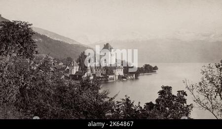 Vintage 19th century photograph - Oberhofen Castle, Lake Thun, Switzerland. Stock Photo