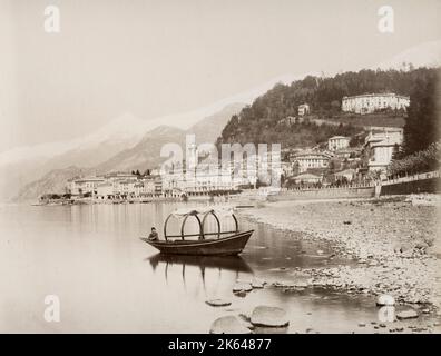 Vintage 19th century photograph: Italy c.1880's  - boat on the shore of Lake Como at Bellagio, Italy. Bosetti studio. Stock Photo
