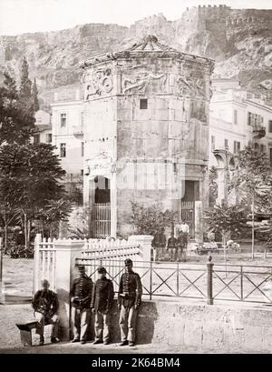 Soldiers in front of the Tower of the Winds, Athens, Greece, c.1880's Stock Photo