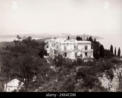 19th century vintage photograph - Achilleion Palace built in Gastouri on the Island of Corfu for the Empress Elisabeth of Austria. Stock Photo