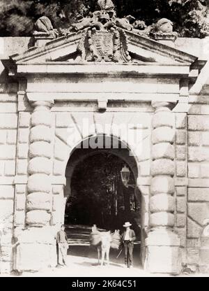 Vintage 19th century photograph: entrance to the gardens Alameda de la Alhambra, Granada, Spain. Stock Photo