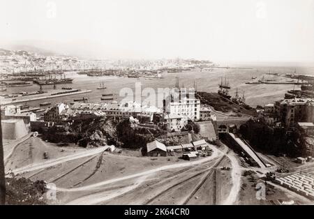 19th century vintage photograph: panoramic view of the port at Genoa, Genova, Italy.