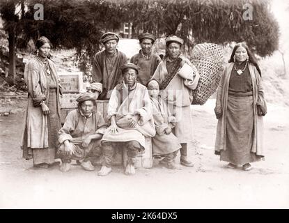 Late 19th century vintage photograph: Northern India, group, Tibetan, Nepalse, Bhutia? Stock Photo