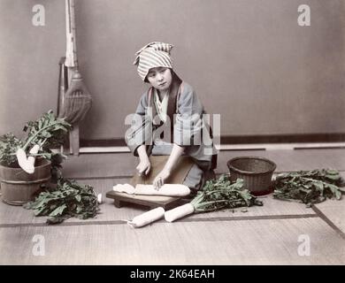 c. 1880s Japan - young woman preparing vegetables Stock Photo