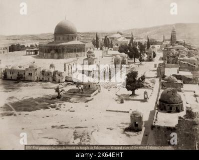 19th century vintage photograph: Al Aqsa mosque and the site of Solomon's Temple, Temple Mount Jerusalem, Israel (Palestine). c.1890. Al-Aqsa Mosque, located in the Old City of Jerusalem, is the third holiest site in Islam. The mosque was built on top of the Temple Mount, known as the Al Aqsa Compound or Haram esh-Sharif in Islam. Stock Photo