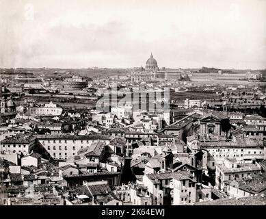 Vintage 19th century photograph: view of the rooftops of the city of Rome, including St Peter's and the Vatican, c.1870's. Italy. Stock Photo