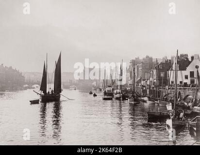 Sailing boat, Whitby harbour, Yorkshire, c.1880's Stock Photo