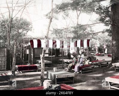 c. 1880s Japan - tea house and benches in a park Stock Photo