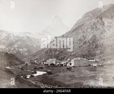 Vintage late 19th century photograph - village of Zermatt and Mont Cervin Palace Hotel, Switzerland, Alps Stock Photo