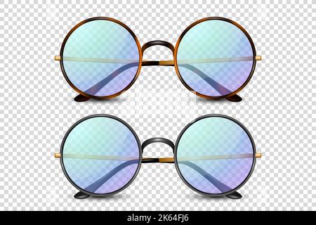 Vector 3d Realistic Leopard, Black Round Frame Glasses Set with Blue, Purple Transparent Glass Isolated, Eyeglasses for Women and Men, Accessory Stock Vector