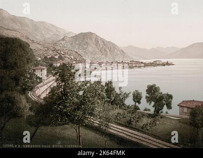Vintage 19th century photograph: Menaggio is a town and comune in the province of Como, Lombardy, northern Italy, located on the western shore of Lake Como at the mouth of the river Senagra. Stock Photo