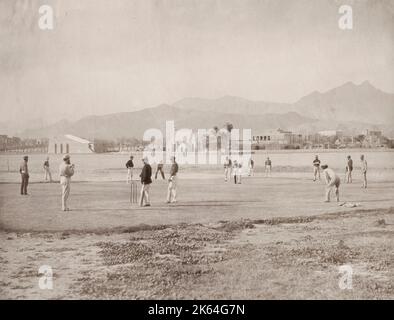 Vintage 19th century photograph: Important image in terms of the history of cricket in India - taken c.1862-65 this is one of the first images of the game being played in the country. Players are British army officers. Cricket in India, Kohat, 1860's.