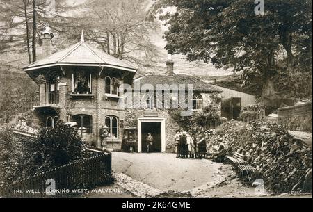 St. Ann's Well (looking West), Malvern, Worcestershire. Set on the slopes of the Malvern Hills above Great Malvern. It is a popular site on a path leading up to the Worcestershire Beacon and lies on the final descent of the Worcestershire Way. The building dates to 1813. See 10425220 for an alternate view (of a similar date). Stock Photo